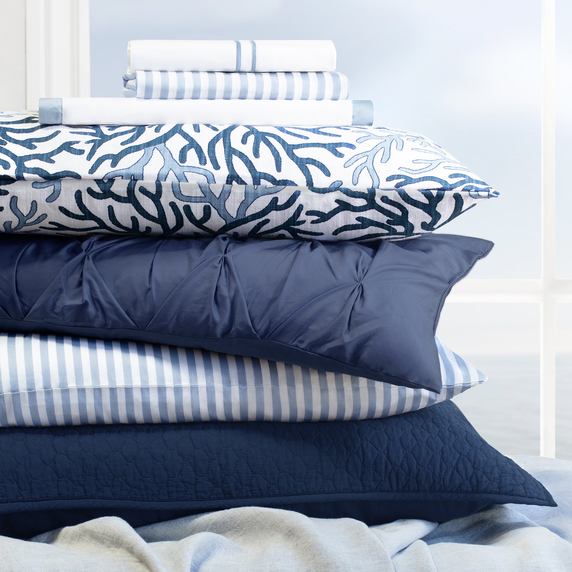 Breezy Coastal Bedding and Pillow Stack