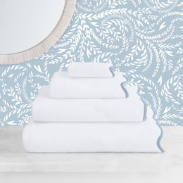 Blue Scalloped Plush White Bath Sheet