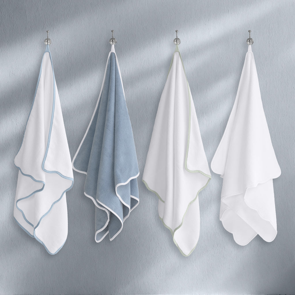 Blue Scalloped Plush White Towel Resort Bundle (4 Wash + 4 Hand + 4 Bath Towels + 2 Bath Sheets)