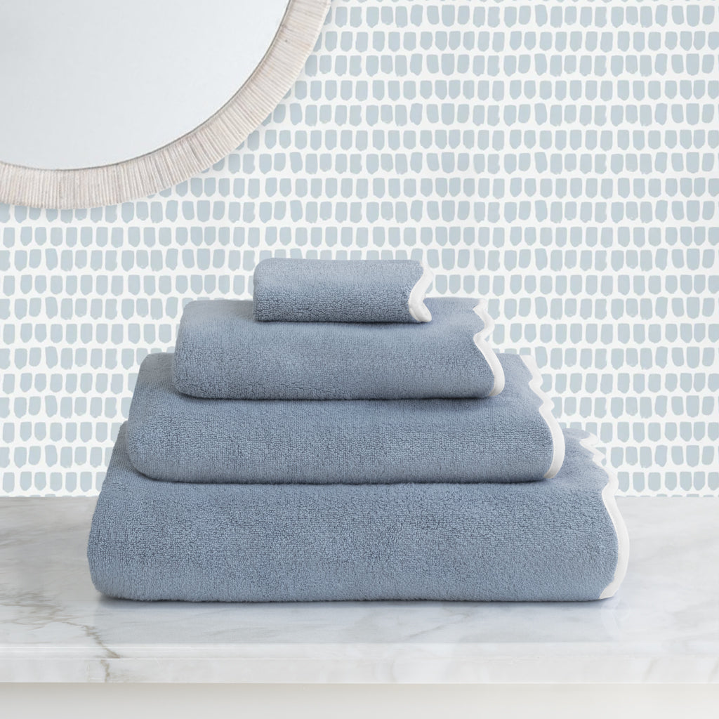 White Scalloped Plush Vista Blue Hand Towel