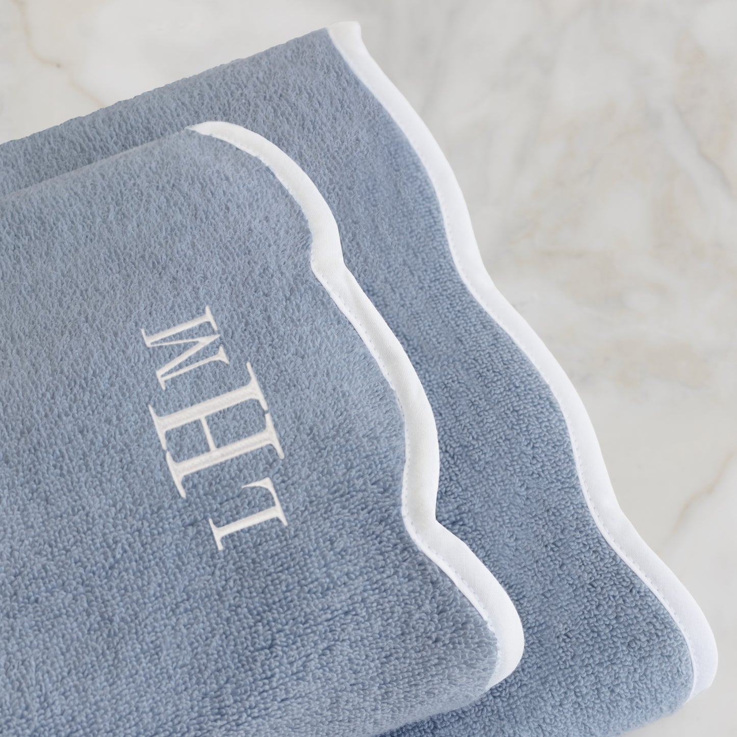 White Scalloped Plush Vista Blue Hand Towel