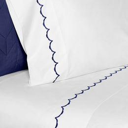 Navy Blue Wavelet Embroidered Sheet Set (Fitted, Flat, & Pillow Cases)