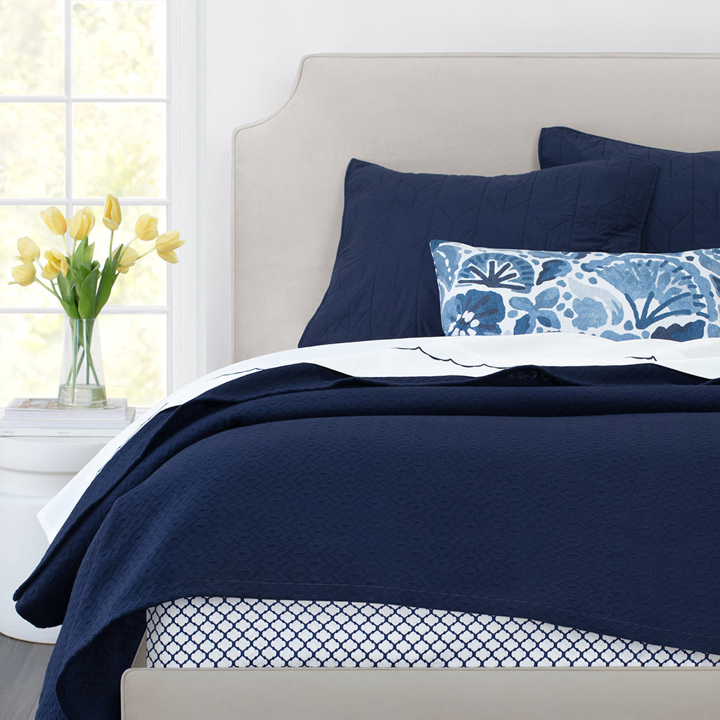 Navy Blue Wavelet Embroidered Sheet Set (Fitted, Flat, & Pillow Cases)