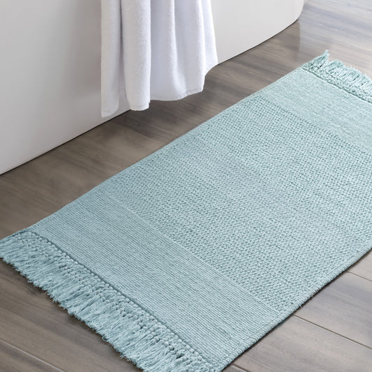 The Blue Fringed Textured Bath Mat