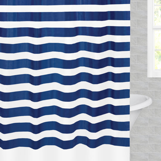 The Navy Beach Club Striped Shower Curtain