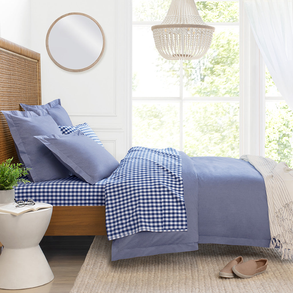 Navy Blue Small Gingham Sheet Set (Fitted, Flat & Pillowcases)