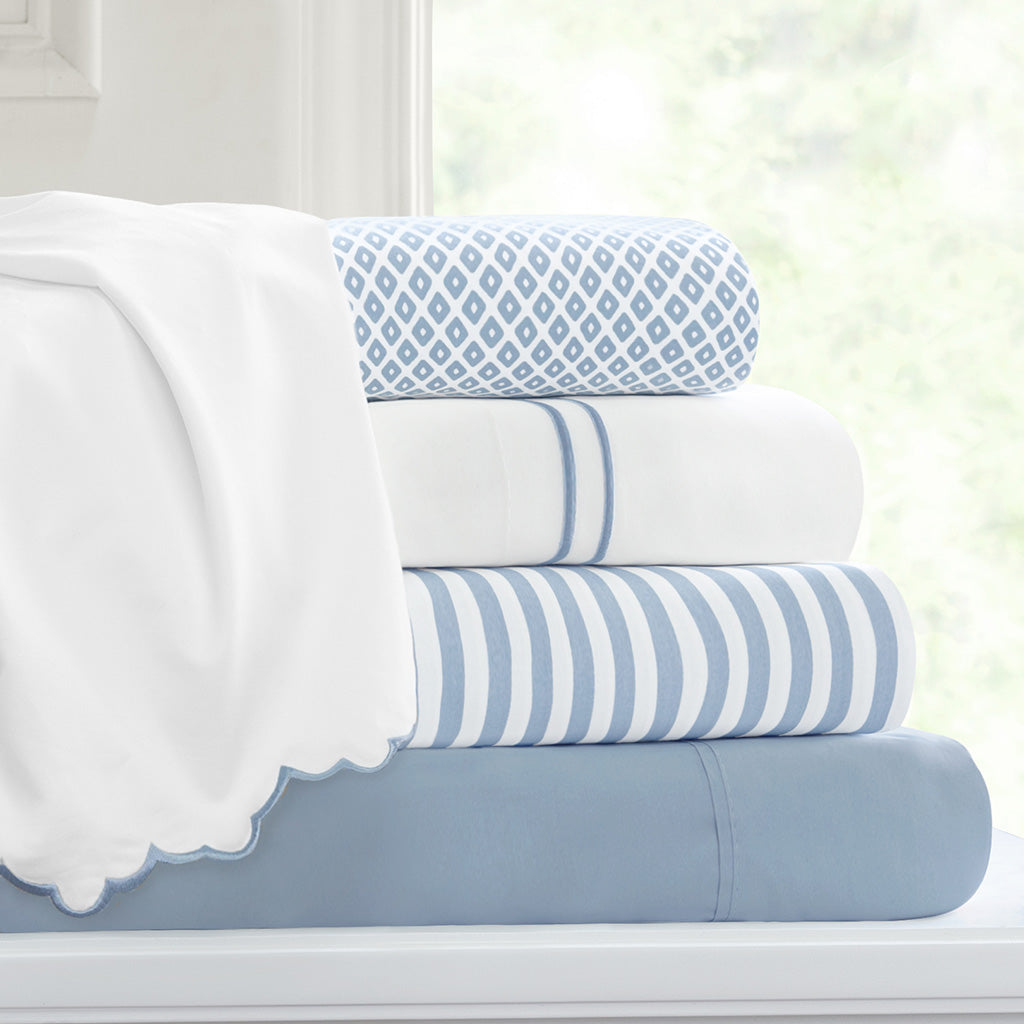 French Blue Striped Sheet Set  (Fitted, Flat, & Pillow Cases)