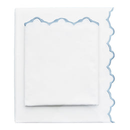 French Blue Scalloped Embroidered Sheet Set (Fitted, Flat, & Pillow Cases)