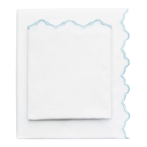 Light Blue Scalloped Embroidered Sheet Set (Fitted, Flat, & Pillow Cases)